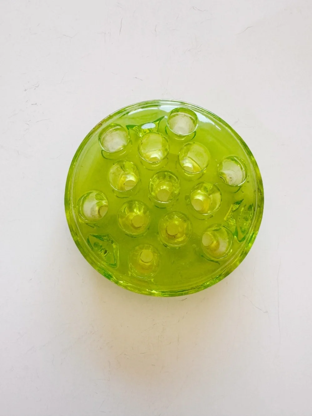 Vtg Green Vaseline Uranium Glass 16 Hole Floral Base Holder Pressed Glass 4.5